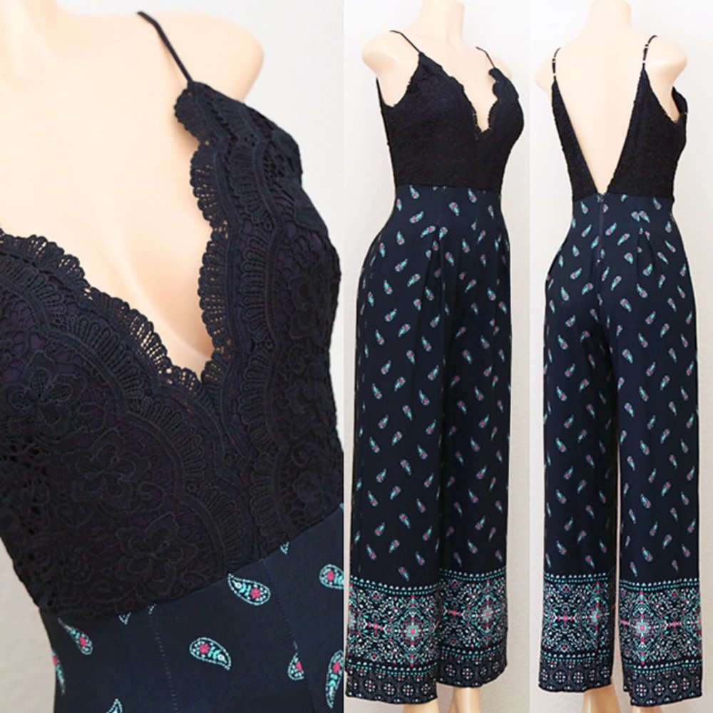 Navy Crochet Plunging V Neck BOHO Paisley Jumpsuit